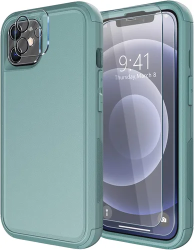 Vista 13 de Diverbox - Funda para iPhone 12 a prueba de golpes y caídas, protector de pantalla de vidrio templado, funda protectora de alta resistencia