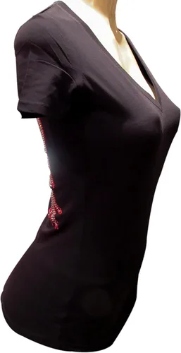Vista 6 de Camiseta ajustada con cuello en V y alas de ángel y concienciación sobre el cáncer de mama con diamantes de imitación, color rosa y plateado
