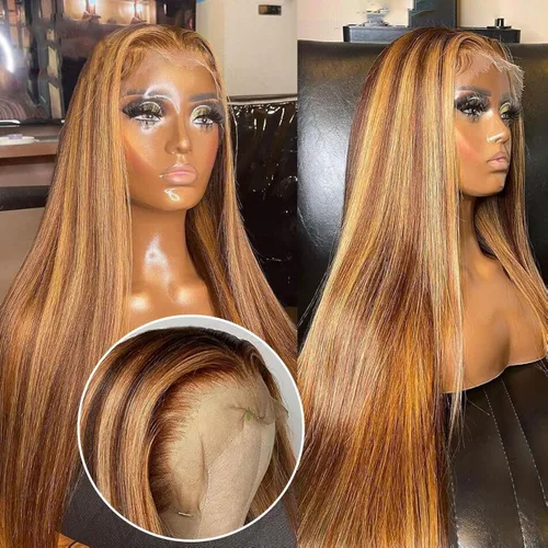 Vista 10 de Flady Peluca de cabello humano con encaje frontal ombré, prearrancada, sin pegamento, peluca frontal de encaje HD 4/27, pelucas de cabello humano
