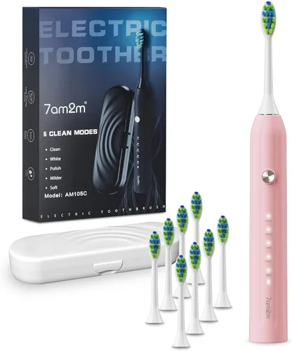 Vista 17 de 7AM2M Cepillo de dientes eléctrico sónico para adultos y niños, con 8 cabezales de cepillo y estuche de viaje, 5 modos con temporizador inteligente