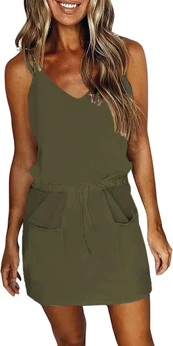 Vista 7 de Vestido de verano a rayas para mujer, sin mangas, con tirantes halter y bolsillos