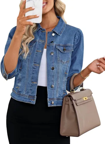 Vista 10 de Vetinee Chaqueta de mezclilla recortada para mujer, elástica, manga abombada 3/4, con bolsillos Azure Mood