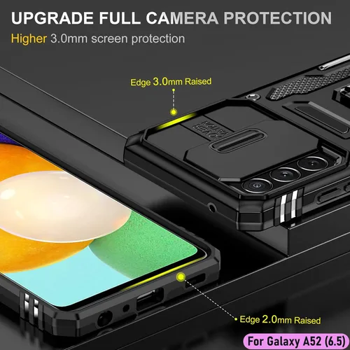 Vista 6 de Funda resistente para Samsung Galaxy A52 (5G), protector de parachoques de goma de doble capa de grado militar con protector de cámara deslizante