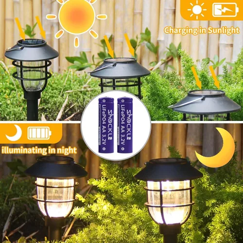 Vista 3 de Shockli - Batería solar Shockli AA 3.2V LiFePo4 650mAh, pilas solares recargables AA de 3.2 voltios para luz de jardín al aire libre