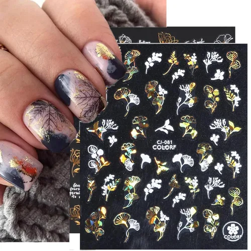 Vista 2 de 6 hojas de calcomanías para uñas de otoño, Acción de Gracias, 3D, autoadhesivas, hojas de arce, suministros de arte de uñas, flores de oro blanco