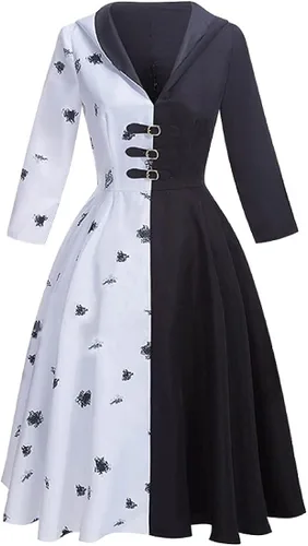 Vista 2 de Disfraz de Cruella Deville para mujer adulta con guante, para Halloween, traje dálmata