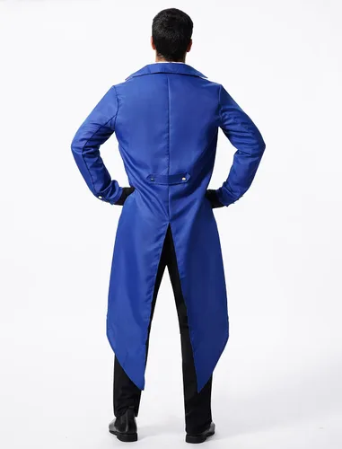 Vista 6 de Chaqueta larga estilo steampunk gótico medieval vintage para hombre, estilo victoriano, con botones, abrigo de golondrina, uniforme Azul