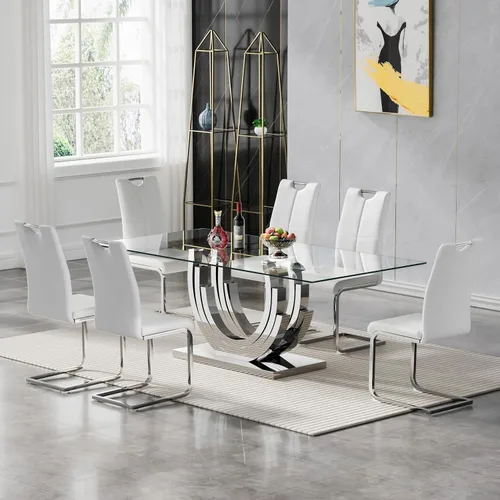 Vista 42 de Juego de mesa de comedor de vidrio de 70 pulgadas para 4, mesa rectangular de cristal dorado con 4 sillas de piel sintética, juego de mesa de Mesa
