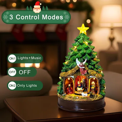 Vista 4 de Árbol de Navidad Iluminado y Animado Escena de Natividad del Pesebre, Figuras Musicales de la Familia de Ángeles con Luz LED que Reproduce Música
