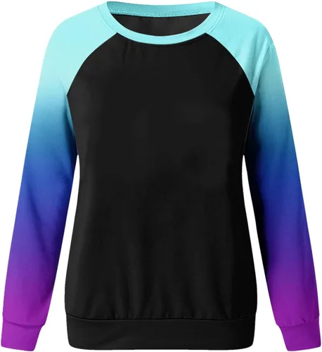 Vista 4 de DUOWEI Sudaderas sin capucha para mujer, camisetas raglán con cuello redondo, estampado liso degradado, sudadera térmica