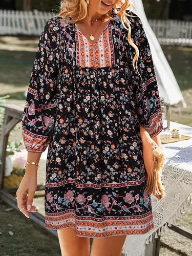 Vista 2 de TEMOFON Mini vestido bohemio para mujer verano floral 34 manga larga cuello en V fluido suelto casual vestidos de playa
