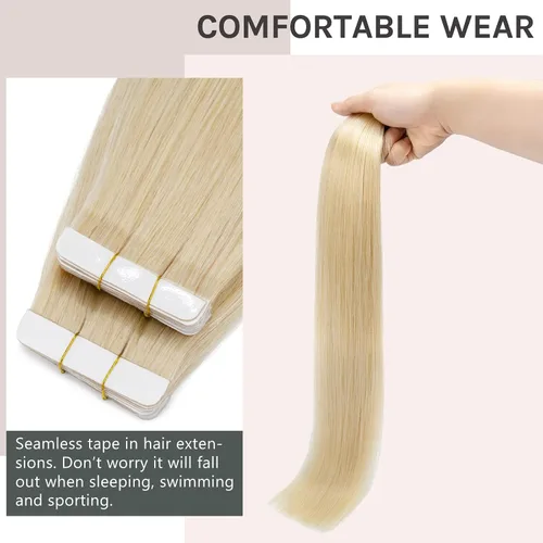 Vista 6 de Hairro Extensiones de cabello humano Remy con cinta adhesiva de doble cara de 18 pulgadas, 20 unidades, 1.06 oz, color rubio decolorado #613, sin