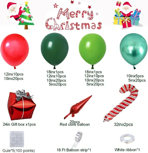 Vista 3 de Kit de arco de guirnalda de globos de Navidad de 183 piezas con globos rojos de Navidad, lima, verde oscuro, verde metálico, globos de papel