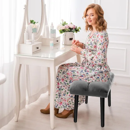 Vista 4 de Taburete de tocador gris, taburete cuadrado de maquillaje con patas de madera, silla otomana pequeña para tocador, asiento acolchado moderno