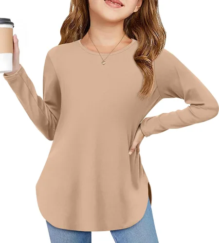 Vista 15 de Arshiner - Camisetas de manga larga para niñas, cuello redondo, dobladillo curvo, abertura lateral, básicas, casuales, de ajuste holgado, tipo