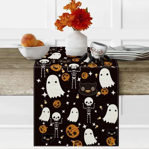 Vista 4 de Juego de 5 manteles individuales y camino de mesa de Halloween, fantasma, divertido de lino negro, de temporada, para cocina, comedor, hogar
