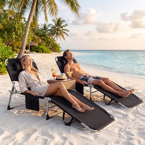 Vista 5 de Tangkula Silla de bronceado con agujero frontal, plegable y ajustable para patio, silla reclinable, para playa, tomar el sol, con bolsillo lateral