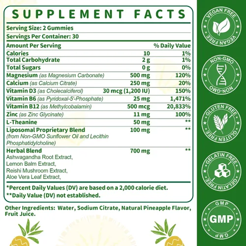 Vista 2 de Gomitas liposomales de carbonato de magnesio de 500 mg - Suplemento de magnesio con Ashwagandha, L-teanina, calcio y vitamina D3 para apoyo muscular