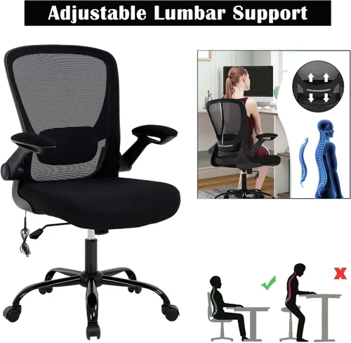 Vista 4 de Silla de oficina en casa, silla de escritorio ergonómica, silla de computadora de malla con brazos abatibles, altura ajustable, respaldo medio