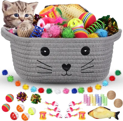 Vista 8 de Zopeal - Juego de 58 cestas de almacenamiento para gatos de verano, juguetes de regalo, bolas intermitentes coloridas para mascotas, bolas Negro