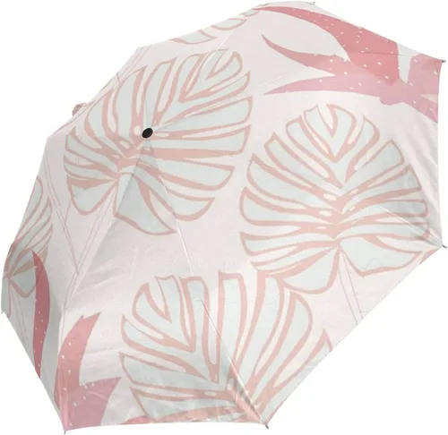 Vista 2 de Paraguas plegable auto abierto compacto sol lluvia paraguas palmera hojas plantas rosa tropical para mujeres hombres niños viaje sombrilla sol