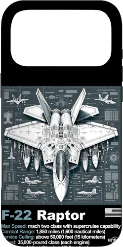 Vista 22 de F22 Raptor Fighter Jet Blueprint - Funda para iPhone 16, diseño técnico y especificaciones