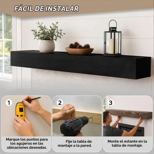 Vista 5 de Repisa de Chimenea, Repisa Flotante de Madera Rústica de 48 pulgadas para Chimeneas Eléctricas, Repisa de Madera Maciza Estilo Granja para Sobre