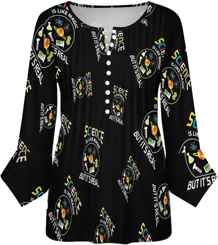 Vista 4 de Science Like Magic - Camisa de manga 3/4 con volantes para mujer, casual, cuello en V, con botones, blusa holgada