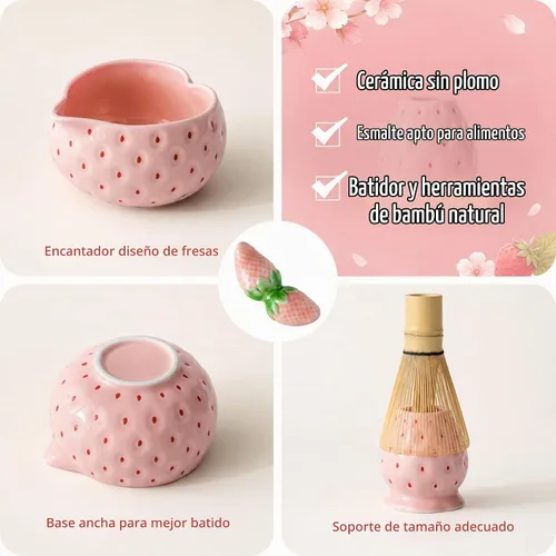 Vista 4 de Juego de batidor de matcha, juego de 7 piezas de matcha de fresa con Pajita rosa