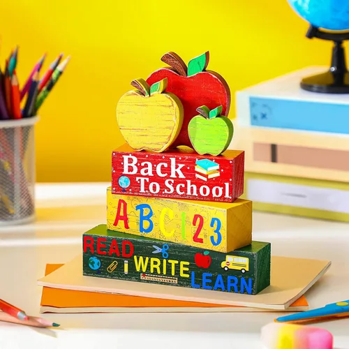 Vista 6 de Geelin 4 piezas de decoración escolar de regreso a clases en madera, bandeja escalonada de manzana, mini pilas de libros de madera, lápices, libros