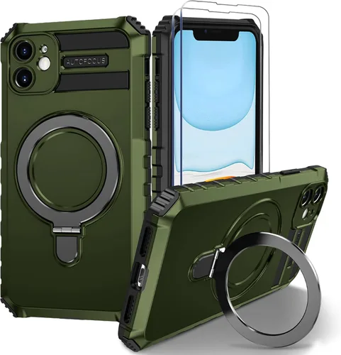 Vista 26 de Funda magnética para iPhone 11 [compatible con MagSafe] con 2 protectores de pantalla de vidrio templado con soporte de anillo, grado militar Azul