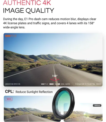 Vista 11 de Vantrue Cámara frontal E1 Pro 4K Mini Dash Cam frontal, STARVIS 2 PlatePix HDR visión nocturna para automóvil, GPS WiFi 5G integrado, pantalla IPS
