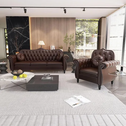 Vista 10 de AVZEAR Chesterfield - Juego de sofás seccional de 2 piezas para sala de estar, sofá tapizado en terciopelo moderno de mediados de siglo, sofá Blanco