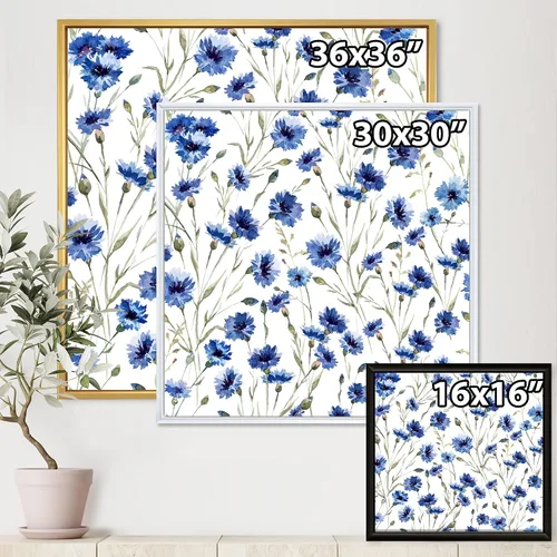 Vista 4 de DesignQ Lienzo enmarcado tradicional con flores silvestres azules con hojas verdes II