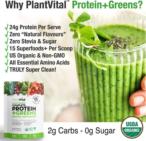 Vista 3 de Plantvital Proteína vegana orgánica sin sabor en polvo, 15 superalimentos, verduras y probióticos, proteína orgánica a base de plantas, todos