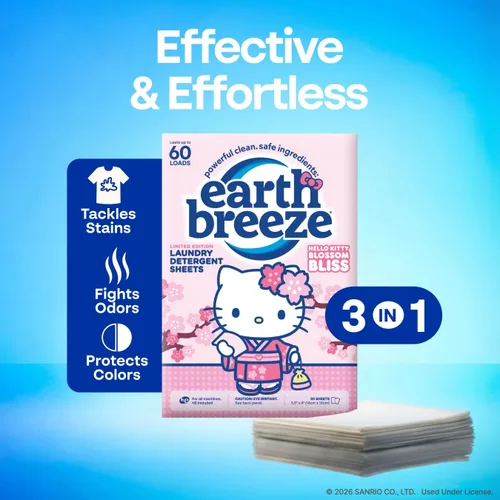 Vista 3 de Earth Breeze Hojas de detergente para ropa Hello Kitty, Blossom Bliss Fragancia floral fresca con notas de flor de cerezo, jazmín y ámbar; sin