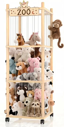Vista 8 de Torre del zoológico de almacenamiento de animales de peluche, organizador grande de madera de 56 pulgadas con ruedas, almacenamiento de peluches