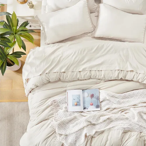Vista 3 de Andency Juego de ropa de cama con edredón tamaño matrimonial beige con sábanas - 7 piezas, estilo bohemio con borlas, ropa de cama ligera en una 01