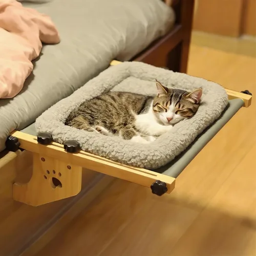 Vista 9 de Percha para ventana de gato, ajuste ajustable, seguro para inquilinos, marco de madera y metal, hamaca resistente sin perforaciones, funda de cama
