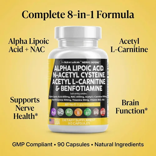 Vista 8 de Ácido alfa lipoico 600 mg N-acetil cisteína 600 mg acetil L-carnitina 500 mg Benfotiamina 300 mg - Suplemento de apoyo nervioso para mujeres
