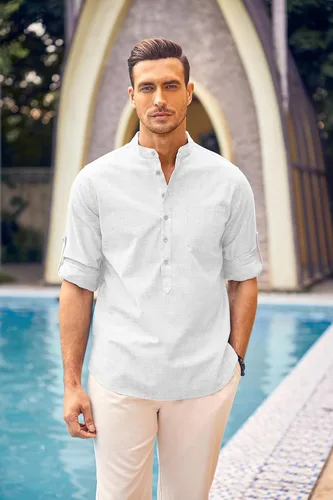 Vista 7 de COOFANDY Camisa Henley de algodón para hombre, de manga larga, ajustada, de lino, casual, para verano, playa, hippie