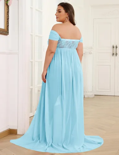 Vista 5 de Vestido de maternidad para sesión de fotos con hombros descubiertos, vestido de gasa con abertura frontal, maxi vestidos de embarazo para fotografía