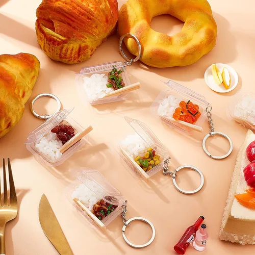 Vista 5 de OLYCRAFT 6 llaveros en miniatura para alimentos de arroz, accesorios de arroz fresco, llaveros con llaveros para niños y niñas, recuerdos de fiesta