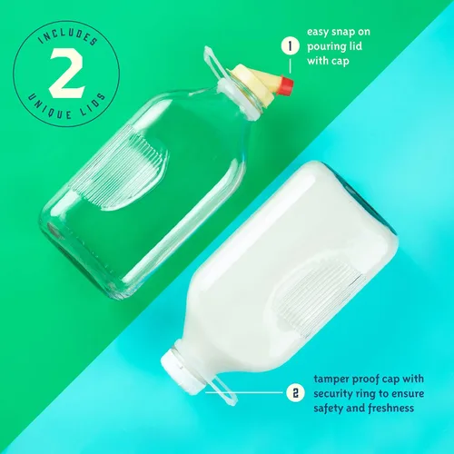 Vista 3 de kitchentoolz Botellas de leche de vidrio de 64 onzas con boquillas de vertido y tapas a prueba de manipulaciones, recipientes de medio galón