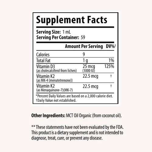 Vista 2 de Drop Vitamina D3 + K2 gotas líquidas, 1000 UI Vegan D3 de liquen, 45 mcg K2 (MK-4 y MK-7), con aceite de coco MCT orgánico, apoyo óseo e