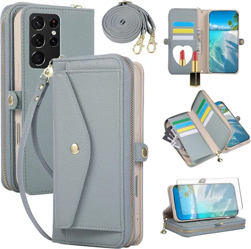Vista 12 de Asuwish Funda de teléfono para Samsung Galaxy S23 5G con cremallera, funda para celular con protector de pantalla, correa para el hombro, espejo