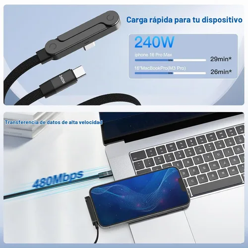 Vista 5 de Paquete de 3 cables USB C a USB C con soporte de teléfono integrado en ángulo recto de 90°, 240 W, 5 pies, cable de carga rápida trenzado de nailon