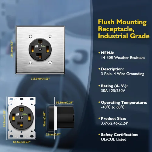 Vista 7 de Receptáculo/salida de dispositivo de hoja recta de carga EV de 30 amperios, resistente a la intemperie, NEMA 14-30R con placa de pared, grado