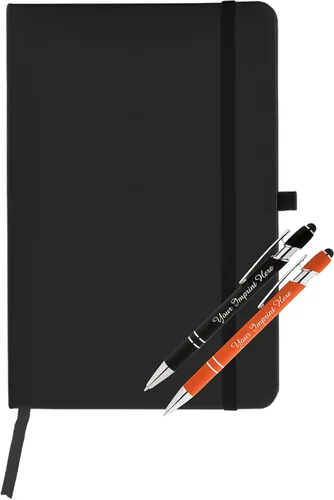 Vista 11 de ExpressDesigns™ - Juego de regalo de bolígrafos personalizados con diario - 2 bolígrafos de metal suave al tacto con cuaderno - Grabado Negro