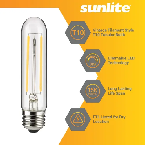 Vista 3 de Sunlite 80610 - Bombilla tubular de filamento LED T10, 2 vatios (equivalente a 25 W), 160 lúmenes, base E26, regulable, 4.961 in, 1 paquete de 2200